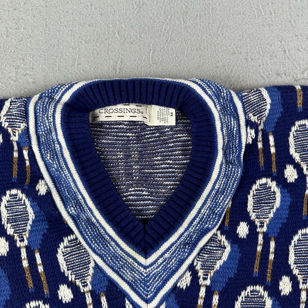 Vintage Tennis Sweater Men's Medium Blue AOP Racket V Neck Knit Pullover - Picture 4 of 16